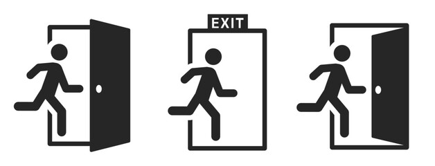 Emergency exit sign set. Man running out fire exit. Running man and exit door sign. Escape help evacuation. Safety vector symbol. - obrazy, fototapety, plakaty