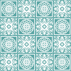Pastel mint Azulejo design for ceramic tiles and wall design, traditional spanish background white blue