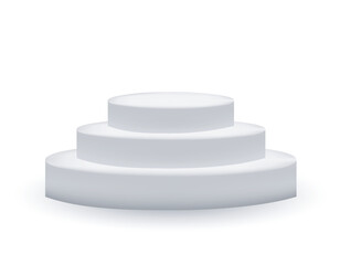 Round three stage pedestal or scene isolated on white background. White advertising podium for award ceremony. 3D vector realistic Mock up. 