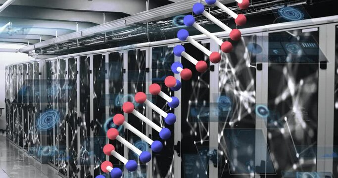 Animation of dna strand spinning and data processing over strong man exercising