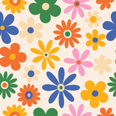 Trendy floral pattern in the style of the 70s with groovy daisy flowers. Vintage style. Bright colorful colors. Retro floral vector design y2k.