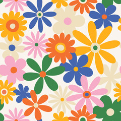 Fototapeta na wymiar Trendy floral pattern in the style of the 70s with groovy daisy flowers. Vintage style. Bright colorful colors. Retro floral vector design y2k.