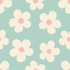 Naive floral pattern in the style of the 70s with groovy daisy flowers of natural tones. Retro design. Contemporary minimalistic trendy background for kids. Scandinavian nursery print.