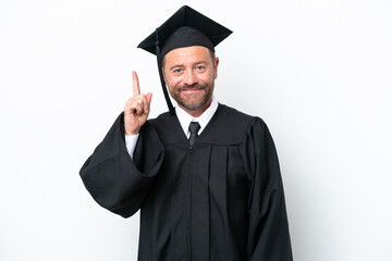 Middle age university graduate man isolated on white background pointing with the index finger a great idea