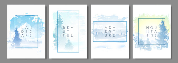 Winter landscapes set. Snowy background. Snowdrifts. Snowfall. Clear blue sky. Blizzard. Snowy weather. Design for brochure, magazine, flyer, booklet, poster, book, cover. Flat vector illustration. 