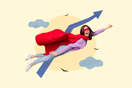 Creative 3d collage image photo poster postcard of flying super lady girl raise hand wear red mantle isolated on painting background