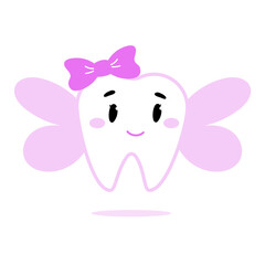 Fototapeta premium Tooth Fairy with wings. Cute tooth with pink ribbon for dentistry. Smile character for baby.