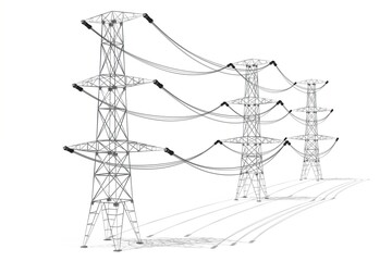 Electricity pylons, white background - 3D illustration - obrazy, fototapety, plakaty