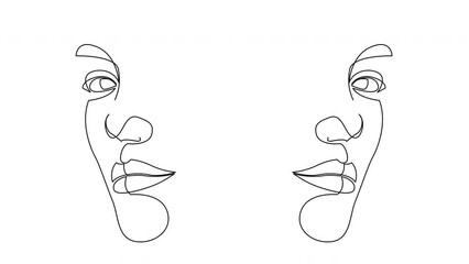Animated self drawing of continuous line draw two female faces. Beauty girl or woman portraits. Depression, confusion or mental problems. Gemini zodiac sign.