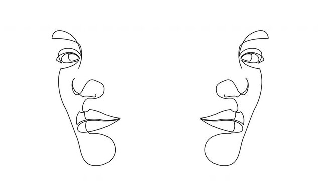 Animated self drawing of continuous line draw two female faces. Beauty girl or woman portraits. Depression, confusion or mental problems. Gemini zodiac sign.