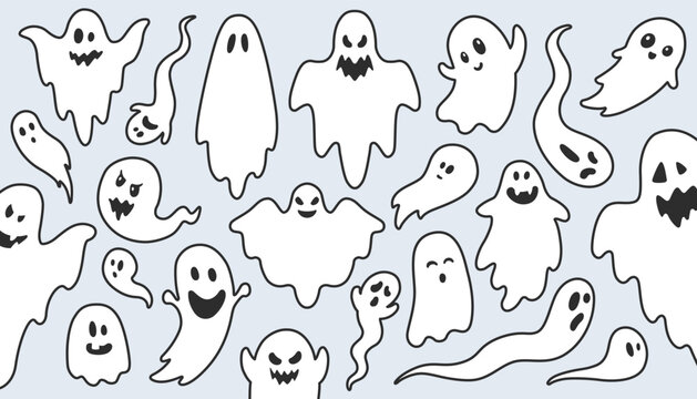 Retro Collection of Halloween ghosts. Spooky and funny white ghosts with different expressions