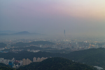 Sunset aerial view of the Neihu District cityscape from Bishanyan