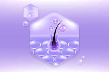 Hyaluronic acid hair and skin solutions ad, purple collagen serum drop into skin cells with cosmetic advertising background ready to use, illustration vector.