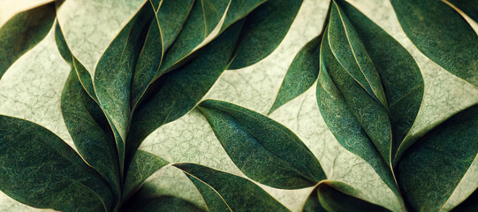 Naklejka na ściany i meble 3D leaves pattern with green exotic leaves realistic. 3D Rendering