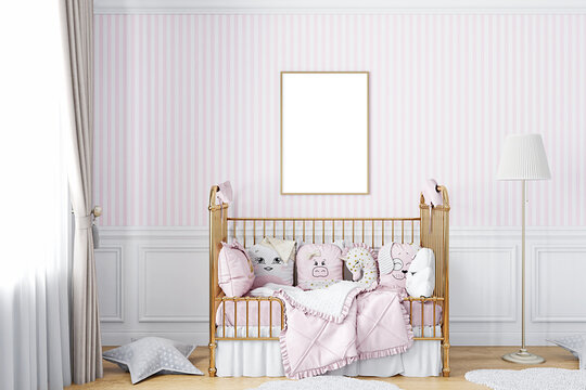 Mock up frame in children room with furniture, classical style interior background, 3D render