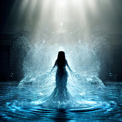 3d render of water elemental goddess emerging from water. AI generated art illustration. - obrazy, fototapety, plakaty