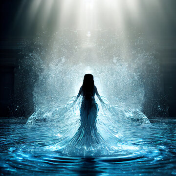 3d render of water elemental goddess emerging from water. AI generated art illustration.