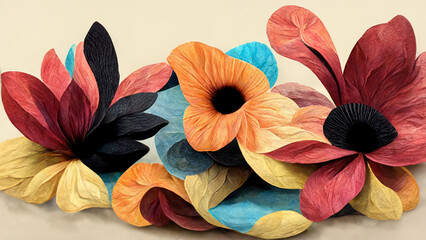 3D rendering. Panoramic floral background with paper style design