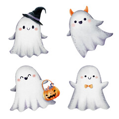 Set of watercolor Halloween Ghost set 1. Vector illustration.