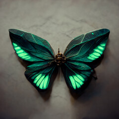 3D rendering. Cyborg green butterfly futuristic style digital art illustration