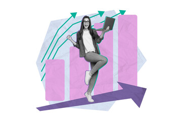 Creative trend collage of excited young woman hold netbook successful investor young entrepreneur...