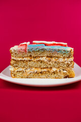 A piece of biscuit and white cream cake. Close-up