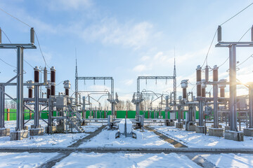 Obraz premium Electrical transformer, equipment for stepping up or stepping down voltage, high voltage power plant