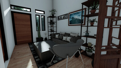 3d rendering of interior living room with some furniture and white wall