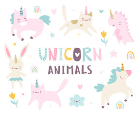 Unicorn baby animals set. Cute unicorns vector collection. Girly naive kawaii animals set.