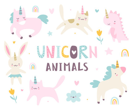 Unicorn baby animals set. Cute unicorns vector collection. Girly naive kawaii animals set.