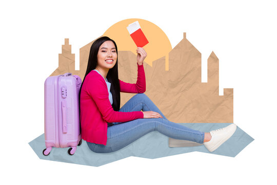 Composite collage image of cheerful japanese young girl traveling adventure suitcase hold boarding pass tickets airport visa weekend abroad