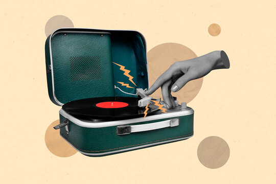 Fototapeta 3d retro abstract creative artwork template collage of hand turn on vinyl recorder play listen old music vintage retro culture melody song