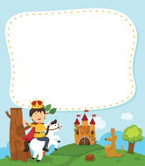 Empty banner template with kid king on horseback illustration