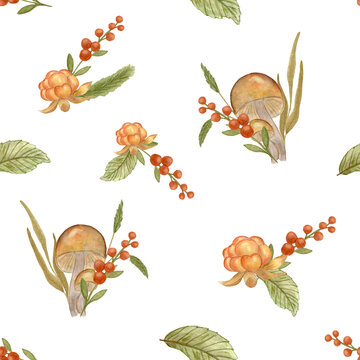Autumn Watercolor Seamless Pattern with Cloudberry and Mushrooms. Autumn leaves and red berries. Design for Packaging, Stationery, Scrapbooking and Textiles.