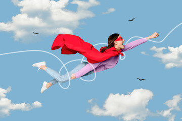 Composite collage picture image of confident dreamy flying woman superhero cape mask soar blue sky...