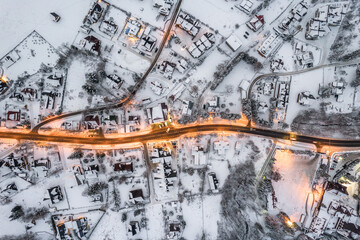 Zakopane cityscape in winter, streets in snow, aerial drone view