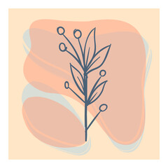 Aesthetic floral card design. Minimalist abstract art background with leaves branch and Hand Drawn doodle. Design for wall decoration, postcard, poster or social media.