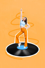 Composite collage picture image of happy funky young attractive woman point up disco move vinyl recorder music lover meloman dance