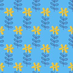 Fototapeta na wymiar Flowers on blue background seamless pattern for textile and packaging design, vector illustration simple flat art