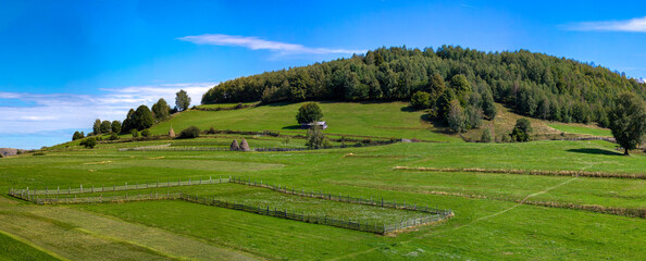 Fototapeta na wymiar Panoramic landscape of a green field with wooden fence in a rural area