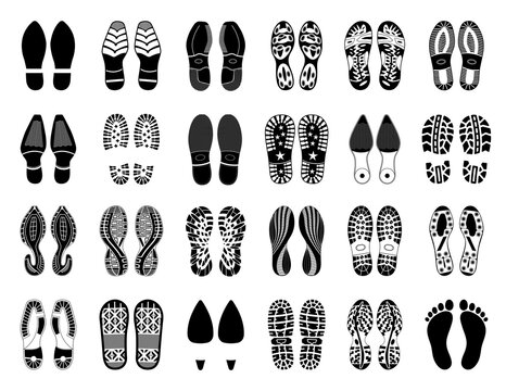 Shoe footprints, foot prints of sole and boot steps, vector silhouettes. Shoe footprint tracks or human feet sole or boots imprints and barefoot footsteps, marks or sneakers and flip-flop sandals