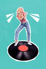 Vertical creative collage image of funky funny young girl student feel free party disco dancing...