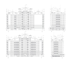 Multistory building facades, detailed architectural technical drawing, vector blueprint