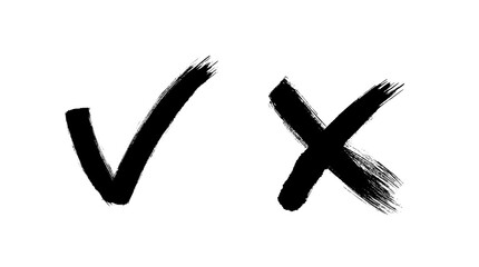 Brush painted yes and no checkmarks. Black and white check and cross signs. Drawn vote approve and reject icons. X and V emblems.