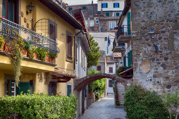 City street glimpse at Anguillara Sabazia a medieval village located in Rome province