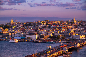 Istanbul city of sunset citycape is beautiful scenery of summer with lifestyle travel, tourism and vacation in Istanbul town buildings .Turkey.