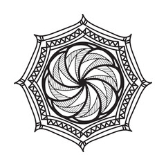 Circular mandala black and white pattern, decorated with Bohemian cool mandala art, henna flowers, Mehndi rite and monochrome symmetric. Coloring book page mandal, Anti-stress therapy.  
