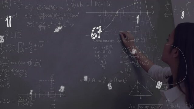 Animation of moving mathematical formulas over caucasian women on dark background