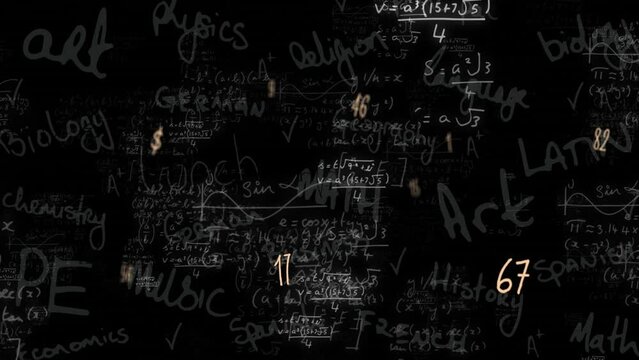 Animation of moving mathematical formulas on dark background