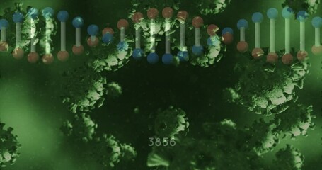 Animation of falling cells and dna strand on dark background - Powered by Adobe